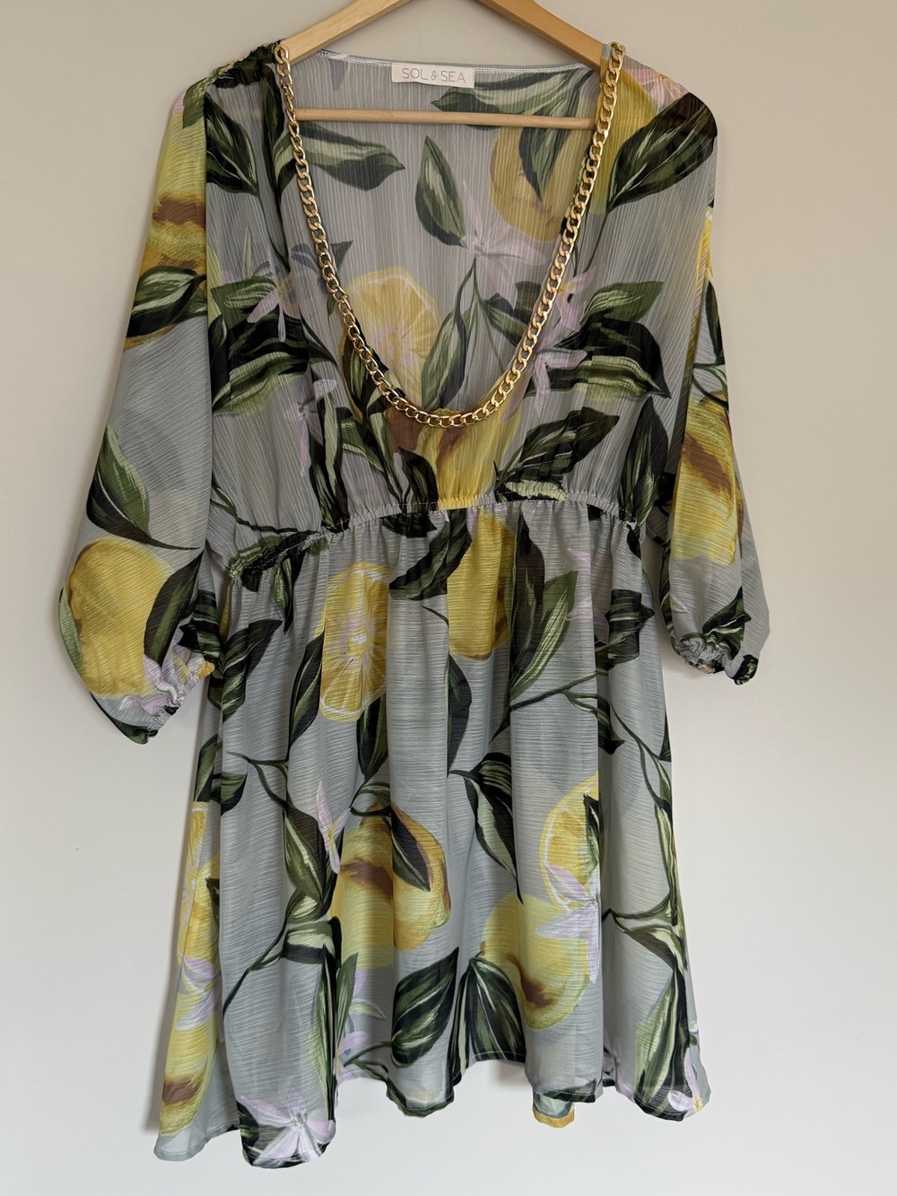 Sol & Sea Beach Dress Cover Up Vibrant Lemon Print & Gold Chain Neckline OS